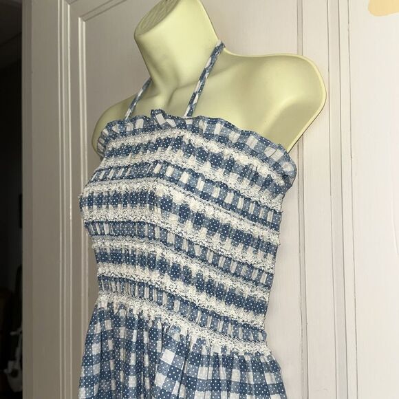 Vintage 70s Teen Girl Blue and White Gingham Halter Smocked Bodice Maxi Dress - Picture 4 of 8